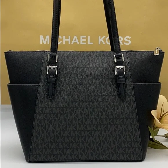 MICHAEL KORS CHARLOTTE LARGE TOP ZIP TOTE Black